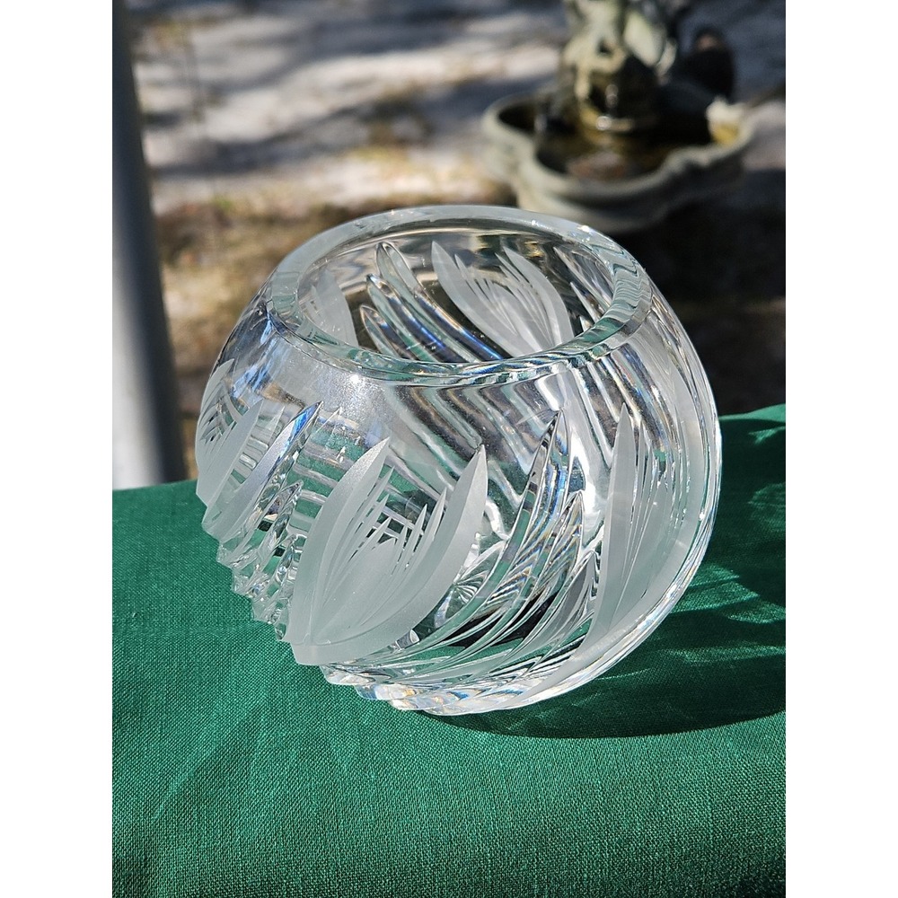 Cut Glass‎ Crystal Rose Bowl 4" Etched Waves Ridges Vintage Heavy